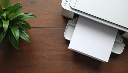 White office printer machine printing blank paper sheet on dark wooden desk. Modern home office workspace top view with electronic device, green houseplant. Business concept copying paperwork,