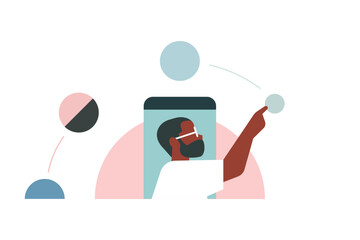 Modern man interacting with futuristic digital interface, representing innovation, technology, and creative connection between humans and data.