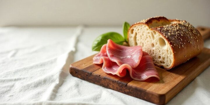 Delectable Slices of Cured Meat Accompanied by a Crusty Artisan Bread Roll on a Rustic Wooden Board - Powered by Adobe