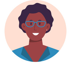 Digital Avatar Portrait Of A Smiling Dark Skinned Woman Wearing Blue Eyeglasses And A Teal Blouse Within A Pale Peach Circle On A Transparent Background.