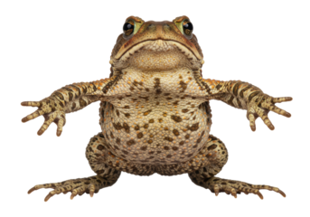 Isolated, an American toad is stretching its limbs while posing for the camera in studio