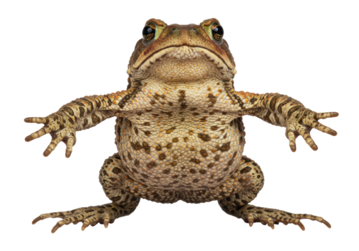 Isolated, an American toad is stretching its limbs while posing for the camera in studio