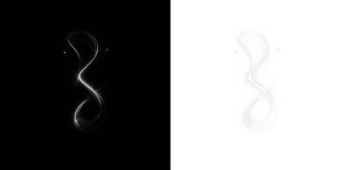 Abstract infinity symbol design with luminous light trails on contrasting black and white backgrounds, representing endless possibilities and creative potential in visual art