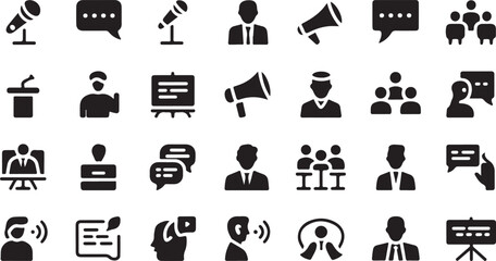 Collection of black communication and presentation icons on white background microphone speech bubble