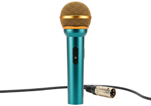 Isolated microphone with golden grill and blue body, connected to black cable connector