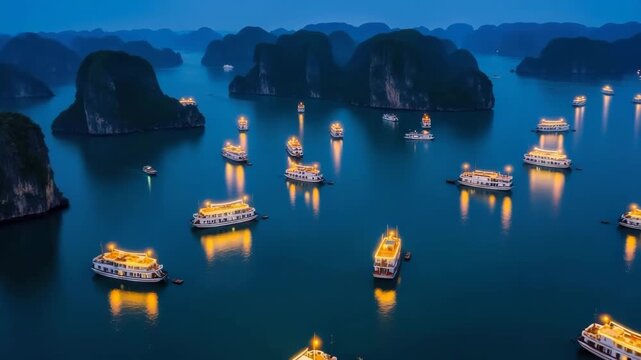 Halong Bay panorama at dusk with illuminated boats on tranquil waters, a picturesque view. Halong Bay presents limestone karsts and isles, as well as vessels illuminated against the dark blue sea.