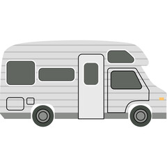 Gray Motorhome Recreational Vehicle with Tinted Windows and Open Door parked on a Plain White Surface Isolated on White Background with Flat Design Style