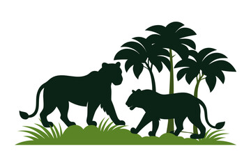 Silhouette of a tiger walking in jungle, isolated on white