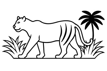 line art Silhouette of a tiger walking in jungle, isolated on white