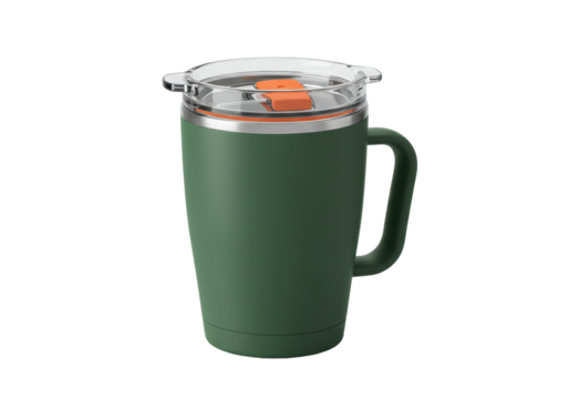 Isolated green camping mug with handle and clear lid, travel tumbler for outdoor activity - Powered by Adobe