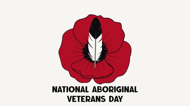 Animated National Aboriginal Veterans Day Red Poppy with Indigenous Feather Symbol Illustration