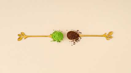 Matcha powder and coffee in golden spoons on beige background. Minimal matcha vs coffee concept. Trendy natural energy drink ingredients layout. Flat lay style. Top view banner.