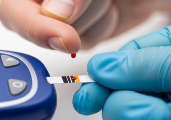 Close-up of a healthcare professional performing a precise blood glucose test on a patient's finger for diabetes monitoring and health management