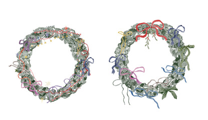Watercolor Christmas Wreaths with Colorful Ribbons and Foliage