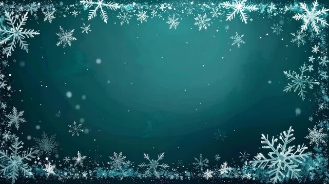 A dark teal background is filled with a scattering of white snowflakes
