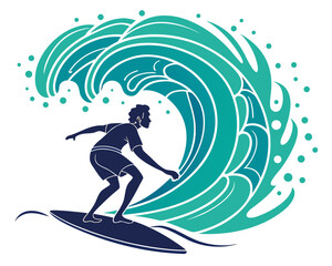 Silhouette of a surfer riding waves, minimal vector illustration