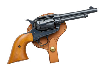Isolated Western-style revolver in a holster, ready for a quick draw, cowboy gunslinging