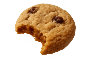 Chocolate chip cookie half-eaten, a single bite revealing soft interior and warm texture. Sweet dessert or snack