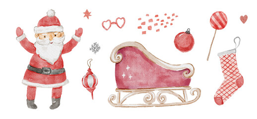 Watercolor Festive Santa with Sleigh and Christmas decor elements