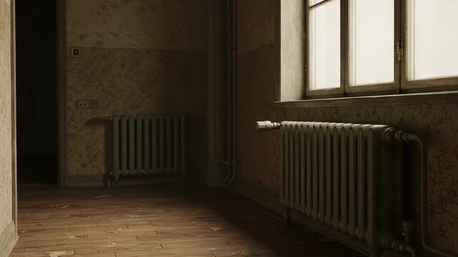 Old radiator glowing under window in aged apartment, yellow light on vintage walls, retro heating system in interior, warm radiator in empty room with textured surfaces and peeling paint