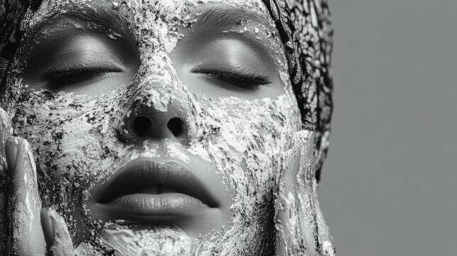Black and white portrait of a beautiful woman with her face covered in mud, undergoing a facial treatment, close-up. High resolution photography, with incredible detail, fine details, stock photo.