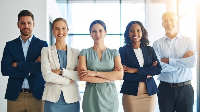Confident Business Team Standing Together in Modern Office Environment.