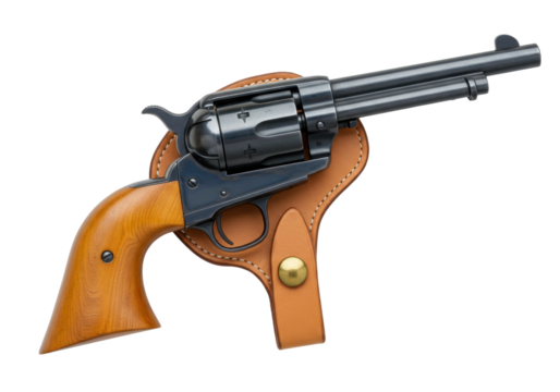 Isolated Western-style revolver in a holster, ready for a quick draw, cowboy gunslinging