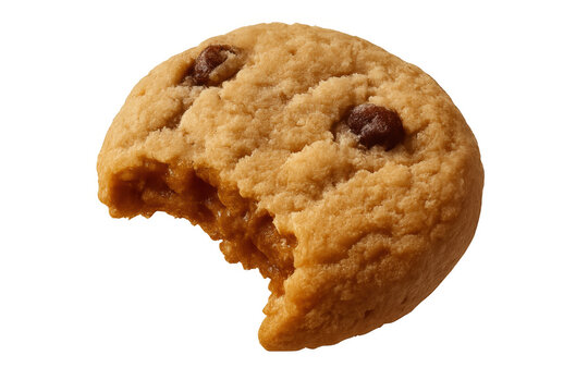 Chocolate chip cookie half-eaten, a single bite revealing soft interior and warm texture. Sweet dessert or snack - Powered by Adobe