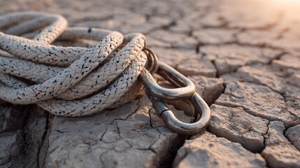 A coiled white rescue rope draped over cracked earth, highlighted by golden-hour light for a resilient theme.