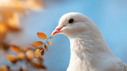 White dove holding an olive branch against a soft blue sky, golden autumn leaves blurred behind.