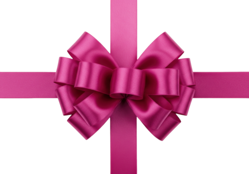 Isolated festive magenta satin bow and ribbon for gift wrapping, present decoration