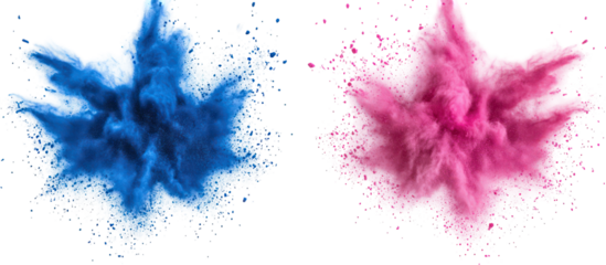 Two colorful powder explosions blue and pink isolated on transparent background