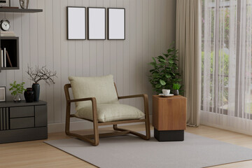 Modern Scandinavian Corner with Wooden Armchair and Green Plant