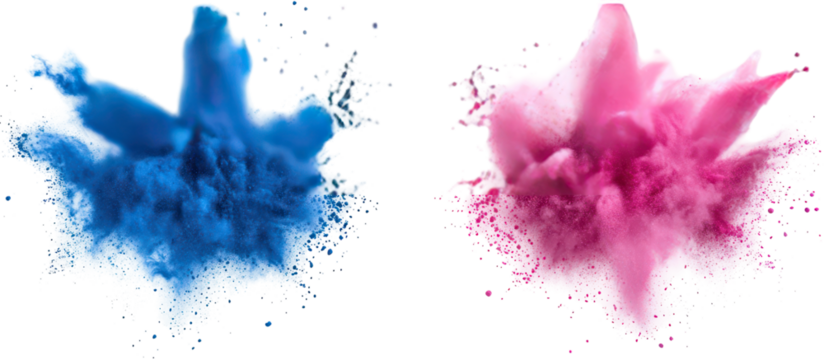 Two colorful powder explosions blue and pink isolated on transparent background