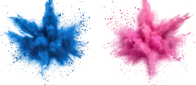 Two colorful powder explosions blue and pink isolated on transparent background - Powered by Adobe