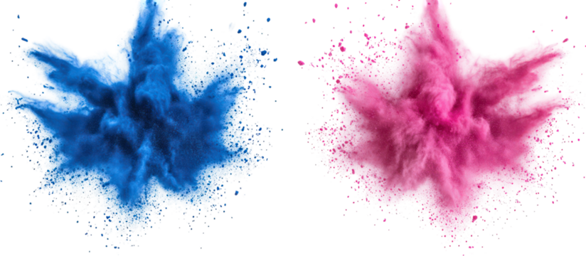 Two colorful powder explosions blue and pink isolated on transparent background