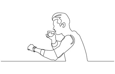 One continuous line drawing of young happy man enjoying and holding a cup of coffee, Isolated on transparent background