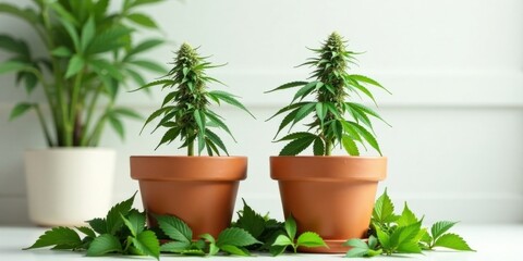 Fototapeta premium Cultivating Cannabis Plants in Terracotta Pots A Close-Up View of Healthy Indoor Growth
