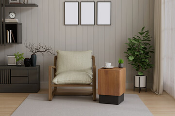 Cozy Minimalist Reading Corner with Wooden Chair and Side Table