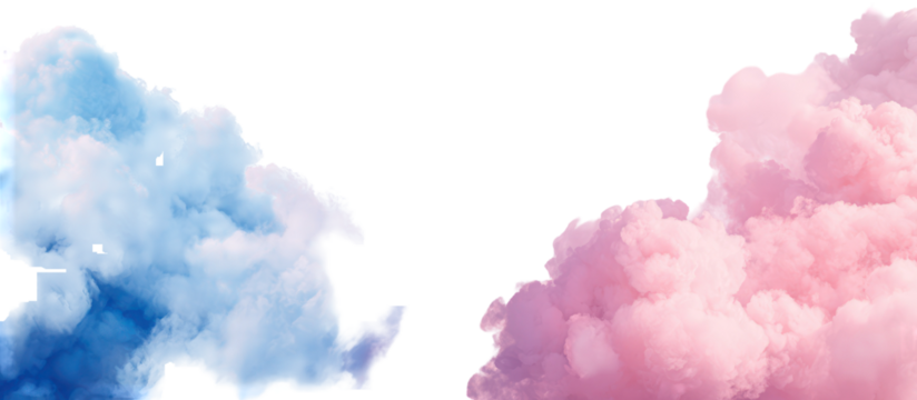 Abstract swirling pink and blue smoke clouds isolated on transparent background