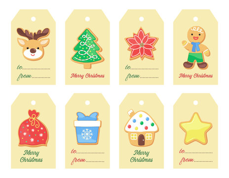 Christmas gift labels with cute sugar cookies. Winter present tag set. Merry Christmas text bedge. From - to note. Season greeting card. Cartoon scrapbook Xmas and New year card, sticker, label.