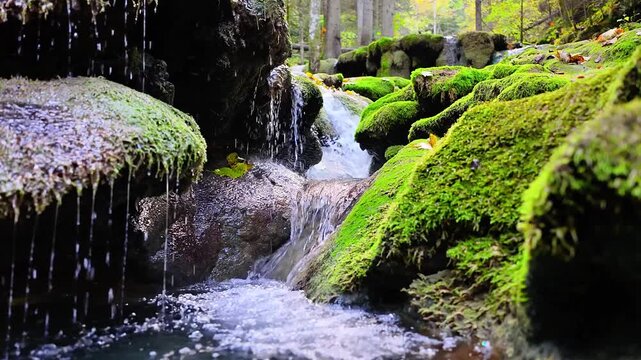 Calm waterfall flowing between mossy stones and forest trees illuminated by gentle sunlight