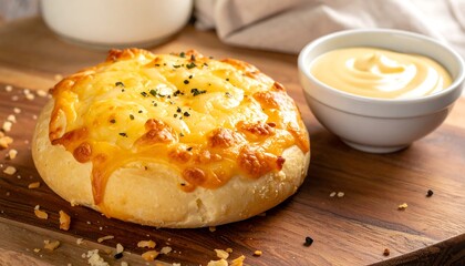 Appetizing close-up shot of baked bread topped with melted, golden cheese and a side of creamy dipping sauce. Shot on wooden board