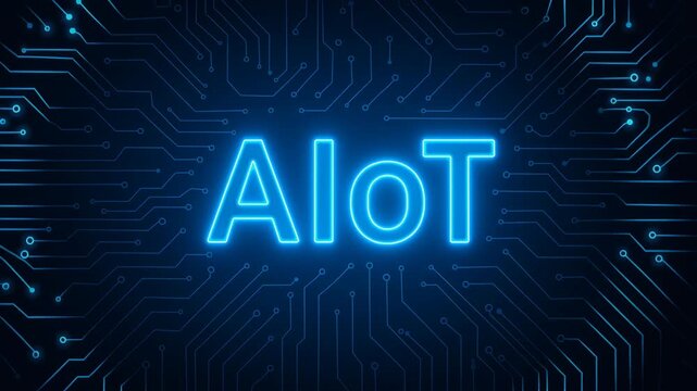 AIoT glowing text on digital circuit background  artificial intelligence of things connectivity smart technology internet devices automation data network innovation cyber concept and future