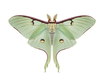 Isolated Actias luna moth, beautiful lunar moth species with long tails and greenish color