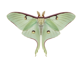 Isolated Actias luna moth, beautiful lunar moth species with long tails and greenish color