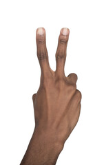 Finger gesture showing number two, African American man raising hand in a V sign. Symbol of peace,