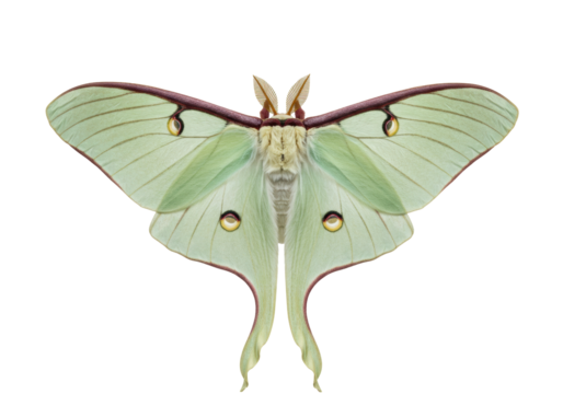 Isolated Actias luna moth, beautiful lunar moth species with long tails and greenish color