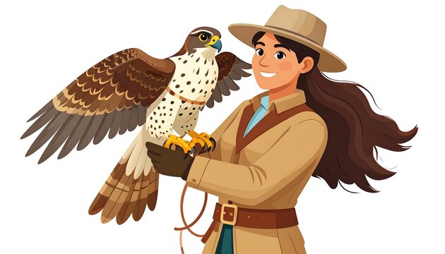 An illustrative cartoon shows a woman in a hat and safari-style jacket holding a large bird of prey. The bird is perched on her gloved hand - Powered by Adobe