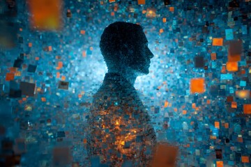 An abstract depiction of a human silhouette composed of floating data points, symbolizing artificial intelligence and the digital transformation of identity in the modern age.